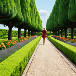 **A person confidently walking away from a lush, meticulously manicured garden, toward a distant, bright horizon. The garden represents the past landscaping career, and the horizon symbolizes new career possibilities. Focus on conveying a sense of hope and adventure.**
