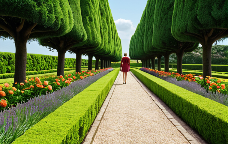 **A person confidently walking away from a lush, meticulously manicured garden, toward a distant, bright horizon. The garden represents the past landscaping career, and the horizon symbolizes new career possibilities. Focus on conveying a sense of hope and adventure.**