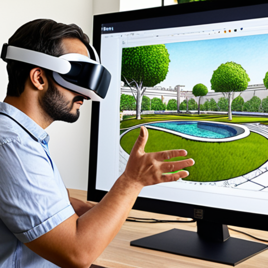 A modern Arab landscape architect, embodying professionalism and creativity, seated in a well-lit studio. On one side, faint, traditional hand-drawn landscape sketches are visible on a desk, representing the past. On the other side, a large, vibrant monitor displays a detailed, realistic 3D digital model of an intricate garden or public park design. A client, visibly impressed, is standing beside the architect, wearing a sleek VR headset and appearing deeply immersed, perhaps extending a hand as if to touch virtual foliage. The scene should convey the transformative power of digital design tools, emphasizing realism, efficiency, and enhanced client experience, with a blend of traditional elegance and futuristic technology.
