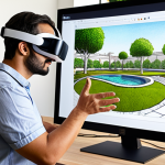 A modern Arab landscape architect, embodying professionalism and creativity, seated in a well-lit studio. On one side, faint, traditional hand-drawn landscape sketches are visible on a desk, representing the past. On the other side, a large, vibrant monitor displays a detailed, realistic 3D digital model of an intricate garden or public park design. A client, visibly impressed, is standing beside the architect, wearing a sleek VR headset and appearing deeply immersed, perhaps extending a hand as if to touch virtual foliage. The scene should convey the transformative power of digital design tools, emphasizing realism, efficiency, and enhanced client experience, with a blend of traditional elegance and futuristic technology.