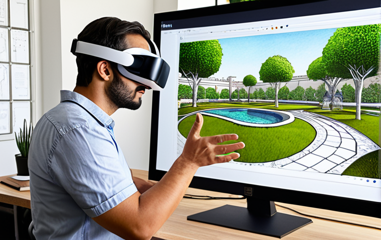 A modern Arab landscape architect, embodying professionalism and creativity, seated in a well-lit studio. On one side, faint, traditional hand-drawn landscape sketches are visible on a desk, representing the past. On the other side, a large, vibrant monitor displays a detailed, realistic 3D digital model of an intricate garden or public park design. A client, visibly impressed, is standing beside the architect, wearing a sleek VR headset and appearing deeply immersed, perhaps extending a hand as if to touch virtual foliage. The scene should convey the transformative power of digital design tools, emphasizing realism, efficiency, and enhanced client experience, with a blend of traditional elegance and futuristic technology.