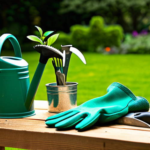 Garden Tool Still Life**

"A variety of well-maintained landscaping tools arranged neatly on a wooden workbench. Includes a shovel, pruning shears, hand trowel, gardening gloves, and a watering can. Natural sunlight, slightly blurred background showcasing a lush green garden. safe for work, appropriate content, fully clothed, professional, perfect anatomy, correct proportions, well-formed hands, proper finger count, natural body proportions, realistic, high-resolution."

**