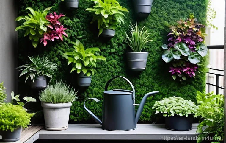 조경 디자인 트렌드  자연과의 조화 - **"A modern, vibrant vertical garden thriving on an urban balcony. The lush green wall is meticulous...