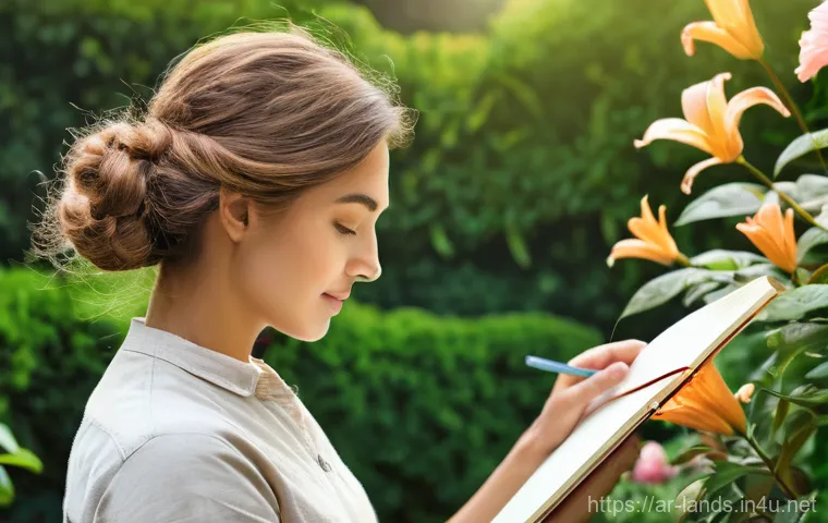 조경 업무 스트레스 관리 방법 - **Prompt 1: The Passionate Gardener's Vision**
A serene, close-up shot of a female gardener in h...