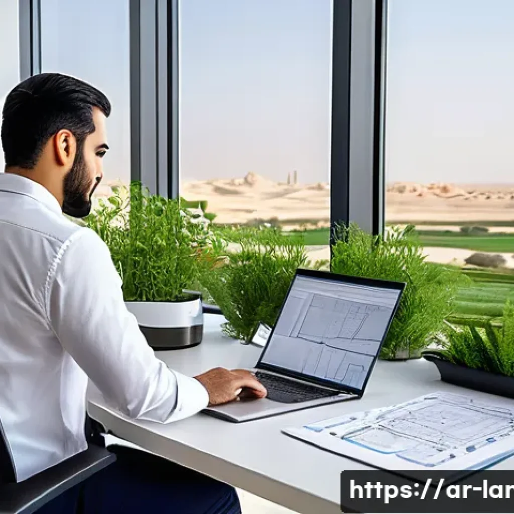 조경기사와 조경산업기사의 차이 - A detailed scene showing an Arab male landscape architect in his 30s working on a large garden desig...