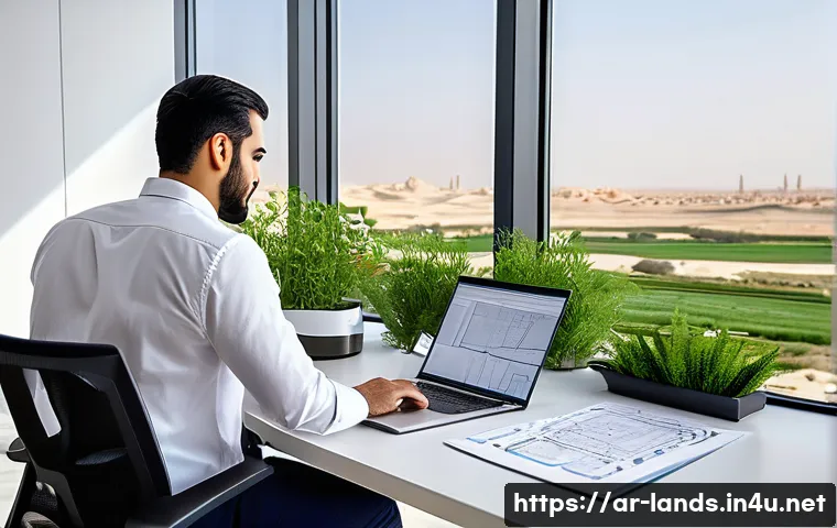 조경기사와 조경산업기사의 차이 - A detailed scene showing an Arab male landscape architect in his 30s working on a large garden desig...