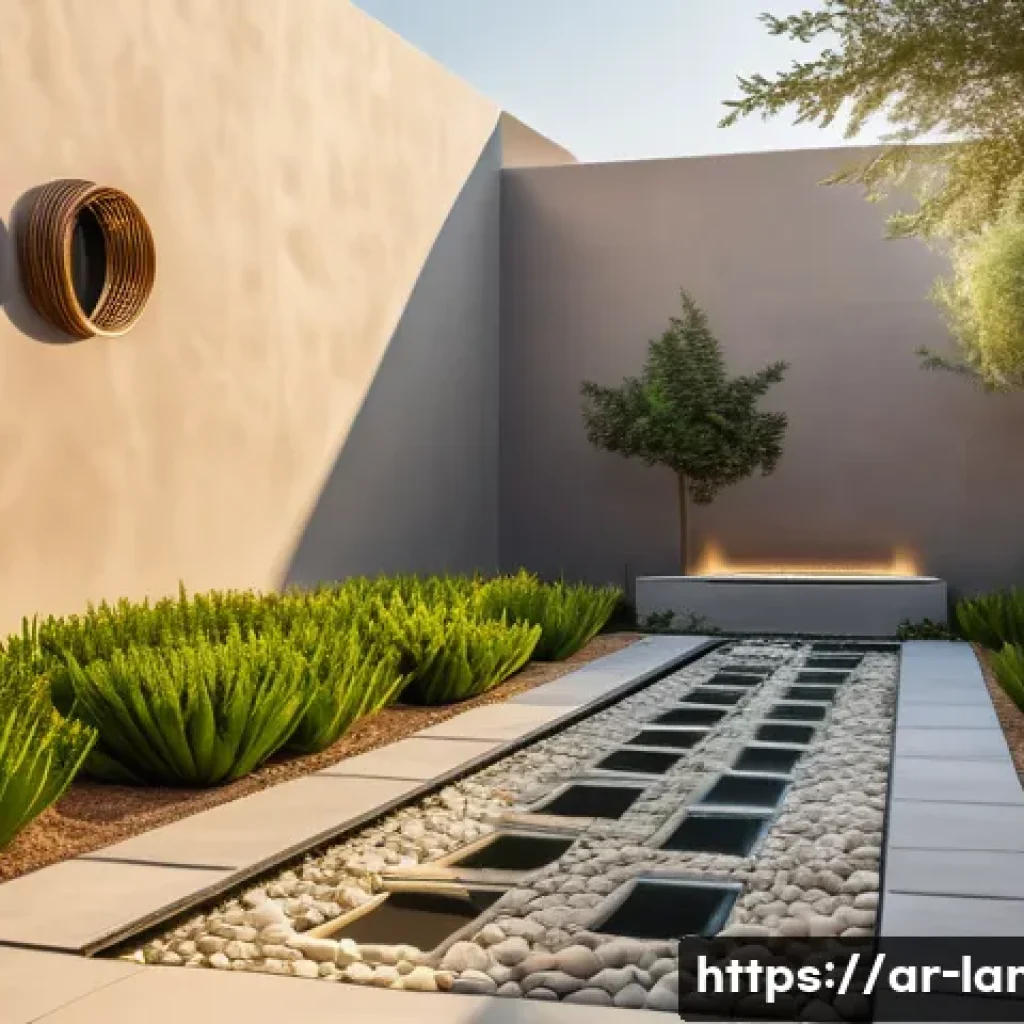 조경 산업 전망  10년 후의 변화 - A modern smart garden in a Middle Eastern residential courtyard during golden hour, featuring advanc...