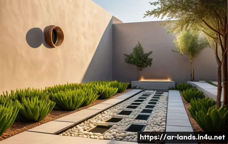 조경 산업 전망  10년 후의 변화 - A modern smart garden in a Middle Eastern residential courtyard during golden hour, featuring advanc...