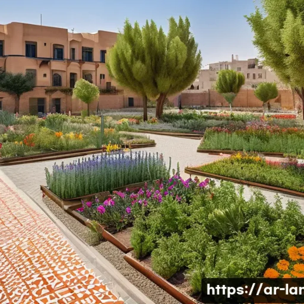 조경 자격증 취득 후 사회적 역할 - A vibrant urban community garden in a Middle Eastern city, designed with native plants and colorful ...