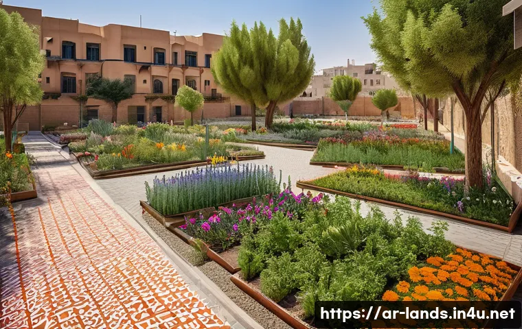 조경 자격증 취득 후 사회적 역할 - A vibrant urban community garden in a Middle Eastern city, designed with native plants and colorful ...