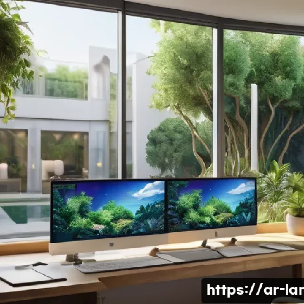 조경 분야에서의 IT 활용 사례 - A modern Arabic garden design studio scene showcasing a professional using advanced 3D design softwa...