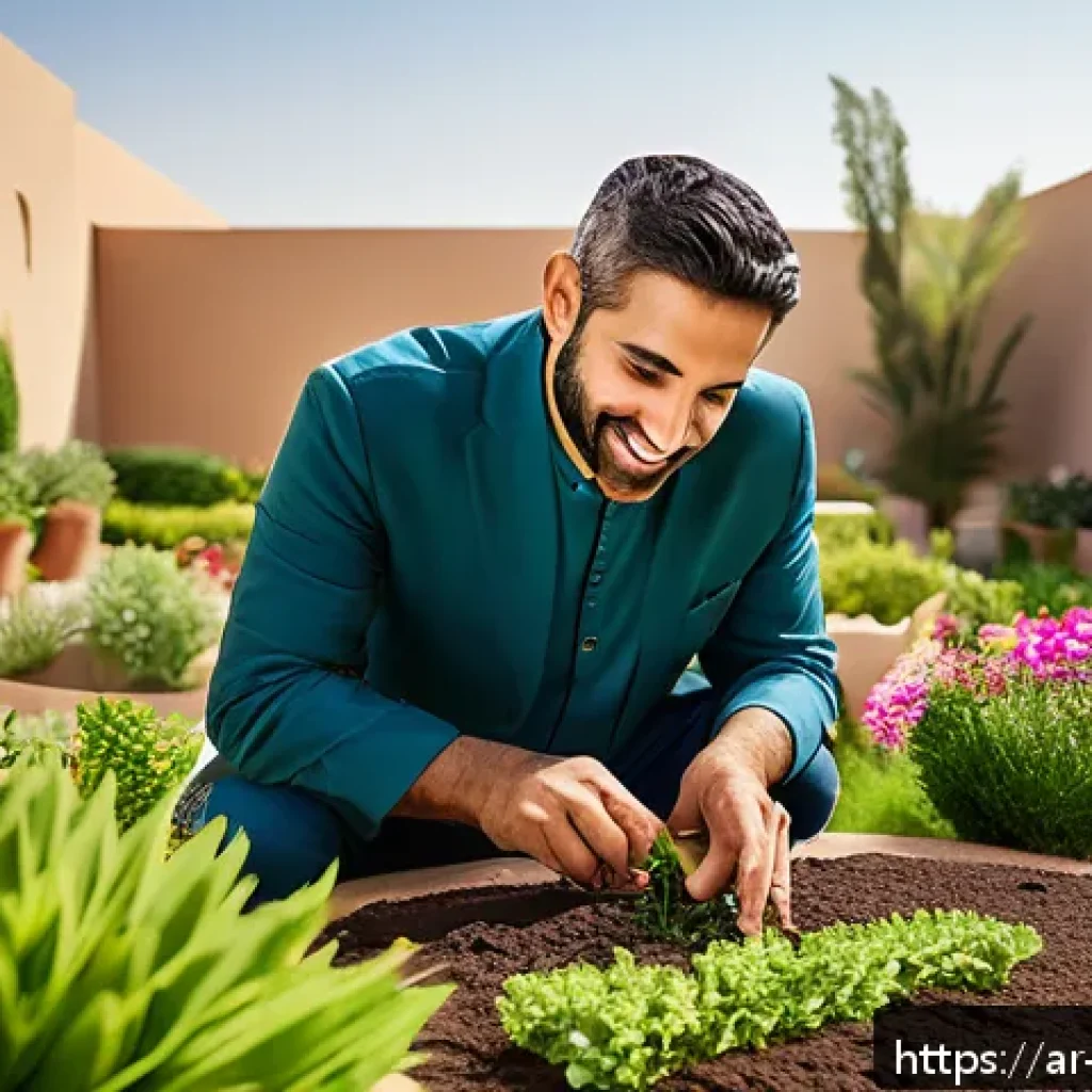 조경 업계 네트워킹 팁 - A professional Middle Eastern garden designer actively engaging in a lively outdoor workshop with a ...