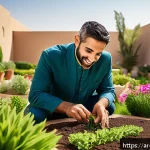 Home 22 조경 업계 네트워킹 팁 - A professional Middle Eastern garden designer actively engaging in a lively outdoor workshop with a ...