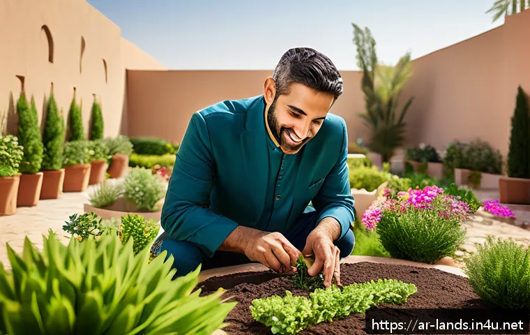 조경 업계 네트워킹 팁 - A professional Middle Eastern garden designer actively engaging in a lively outdoor workshop with a ...