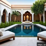 Home 21 조경 실기 평가 기준 파악하기 - A detailed exterior landscape design of a modern Middle Eastern courtyard blending traditional Arabi...