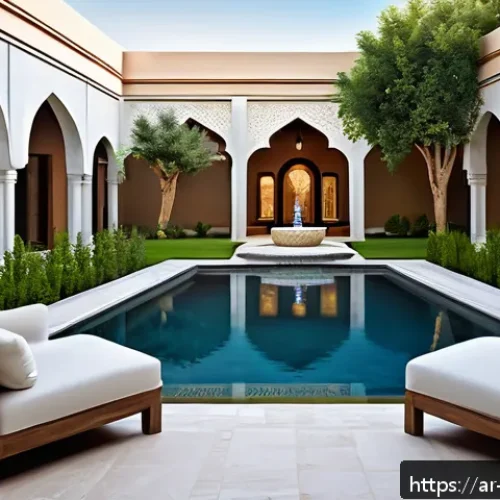 Home 33 조경 실기 평가 기준 파악하기 - A detailed exterior landscape design of a modern Middle Eastern courtyard blending traditional Arabi...