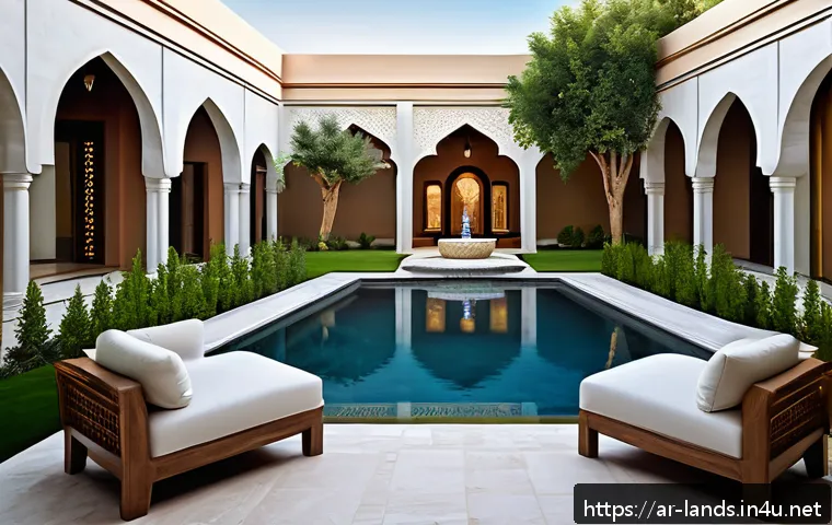 조경 실기 평가 기준 파악하기 - A detailed exterior landscape design of a modern Middle Eastern courtyard blending traditional Arabi...