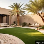 Home 20 조경 프로젝트를 위한 예산 계획 - A spacious modern Arabic garden in a Riyadh-style villa courtyard during golden hour, featuring a ba...