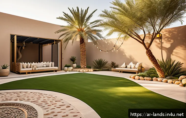 조경 프로젝트를 위한 예산 계획 - A spacious modern Arabic garden in a Riyadh-style villa courtyard during golden hour, featuring a ba...
