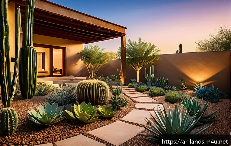 조경 자격증 중점 과목 완벽 정리 - A beautifully designed Middle Eastern garden scene showcasing native desert plants such as cacti and...