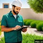 Home 18 조경 회사 취업에 유리한 조건 - A professional landscape designer working in a modern urban garden in the Middle East, surrounded by...