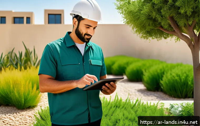 조경 회사 취업에 유리한 조건 - A professional landscape designer working in a modern urban garden in the Middle East, surrounded by...