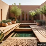 Home 23 조경 실무 워크숍 후기 - A modern Arabic garden design in a sunny urban courtyard featuring drought-resistant local plants li...