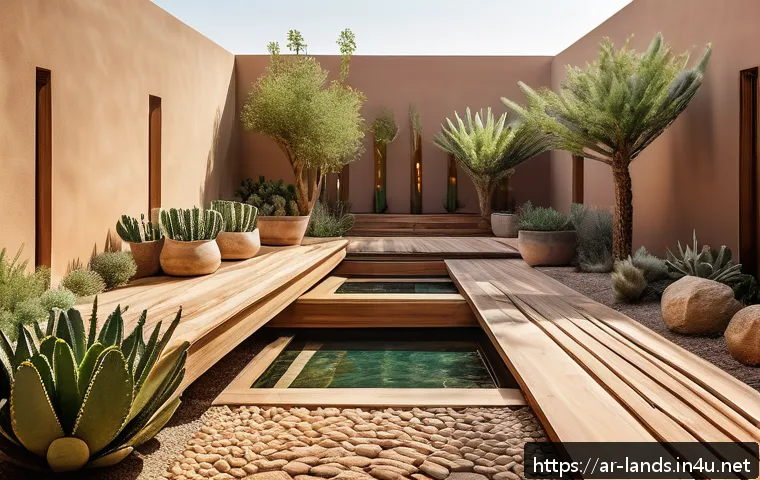 조경 실무 워크숍 후기 - A modern Arabic garden design in a sunny urban courtyard featuring drought-resistant local plants li...